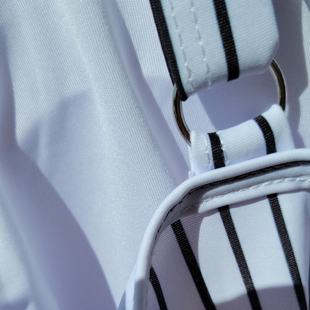 Striped Black and White One Piece Swimsuit With Shirred Sides Over Skirt - Picture 7 of 9